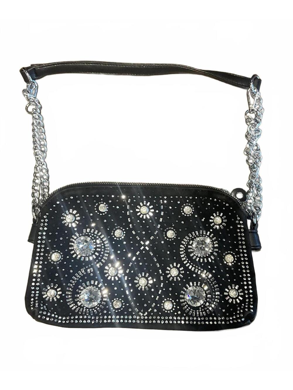 Womens Black Basket Weave/ Bling 2. Compartment Metal Chain Shoulder Bag